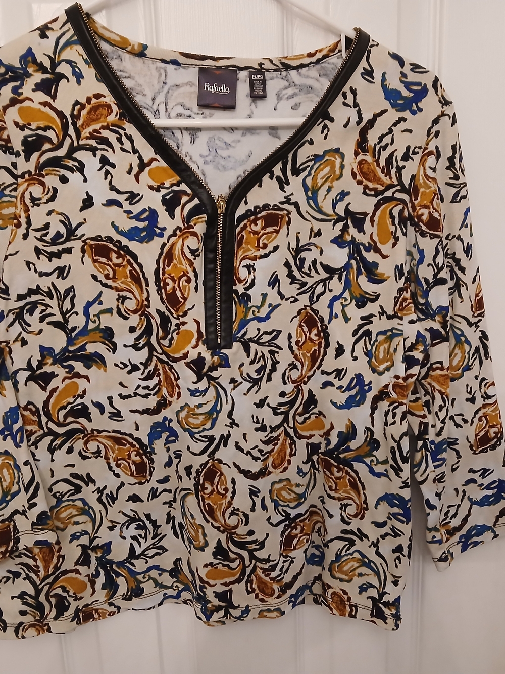Rafaella Paisley Print Faux Leather Trim Zip Neck Top White & Blue Large